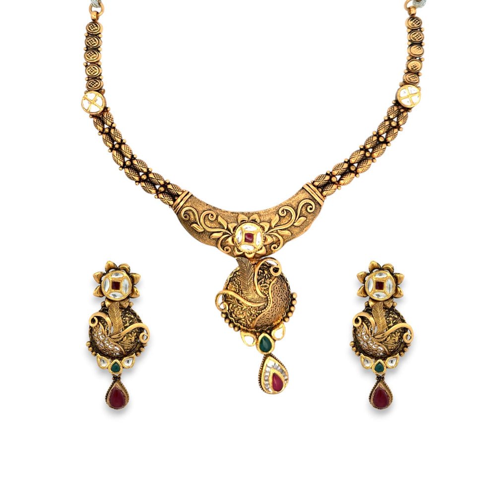 22kt gold antique peacock necklace and earring set with kundan