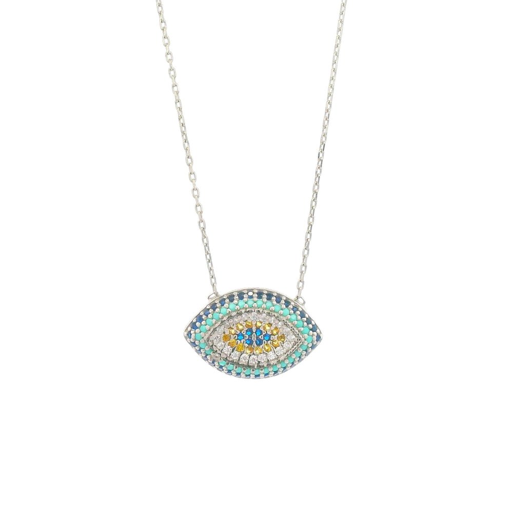 Silver necklace with multicolor evil eye charms