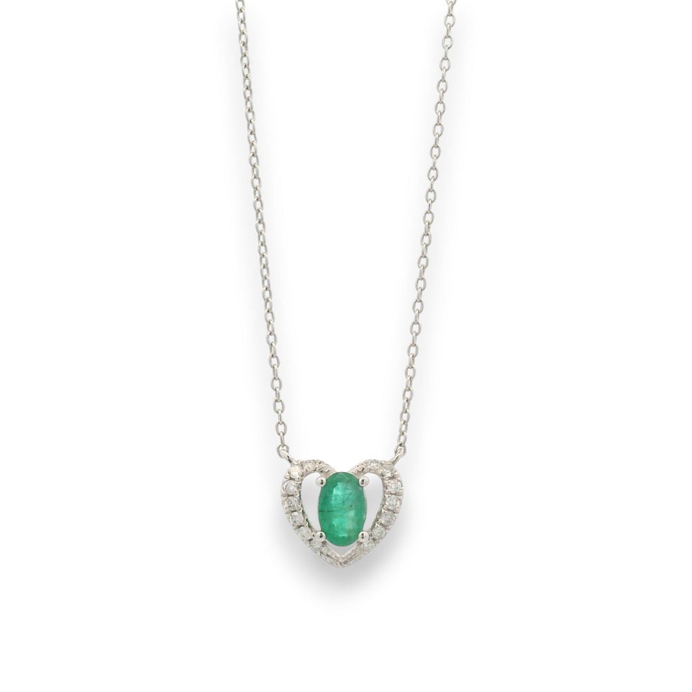 18kt gold emerald and diamond heart pendant on a fine chain